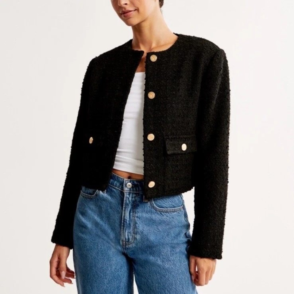 Abercrombie & Fitch Black Tweed Cropped Lady Jacket Gold Crest Buttons Women XS
